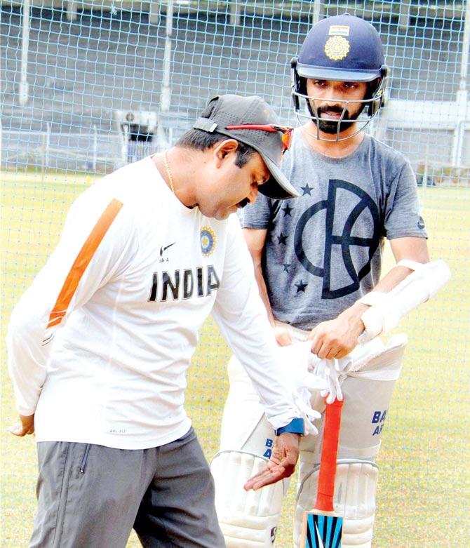 Ajinkya Rahane (right) with his coach Pravin Amre during a practice at Cricket Club of India (CCI) ahead of Test series against New Zealand in Mumbai yesterday. Pic/PTI