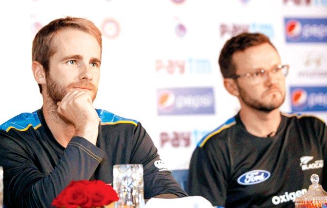 New Zealand captain Kane Williamson (left) with coach Mike Hesson at a press conference in New Delhi yesterday. Pic/PTI