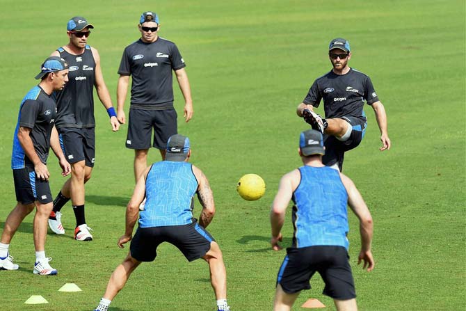 New Zealand players during a practice at the Ferozeshsh Kotla Stadium, New Delhi. Pic/ PTI