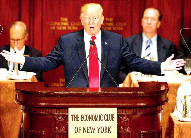 Republican presidential candidate Donald Trump speaks at a luncheon for the Economic Club of New York on Thursday. Pic/AP