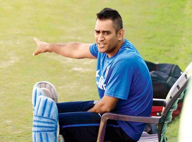 MS Dhoni during a training session. Pic/AFP