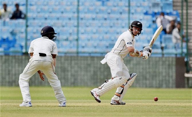 New Zealand’s Tom Latham during a warm-up match against Mumbai at Feroz Shah Kotla in New Delhi yesterday. PIC/PTI