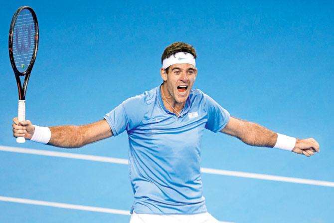 Juan Martin del Potro of Argentina celebrates after defeating Great Britain’s Andy Murray on Day One of the Davis Cup semi-final at the Emirates Arena in Glasgow, Scotland, on Friday. Pic/Getty Images