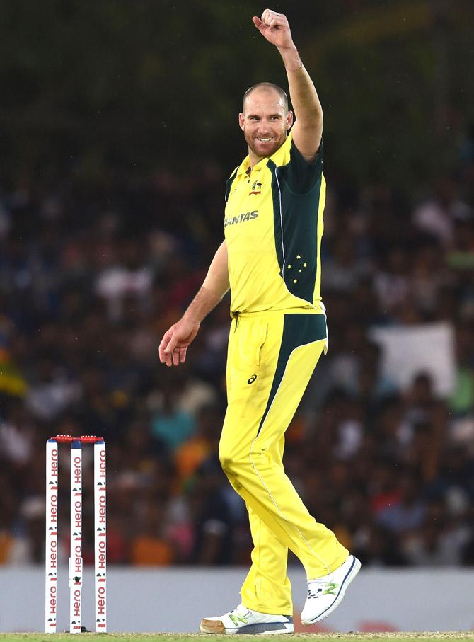Australian cricketer John Hastings celebrates after he dismissed Sri Lanka cricketer Sachith Pathirana during the fourth One Day International (ODI) cricket match between Sri Lanka and Australia at the Rangiri Dambulla International Cricket stadium in Dambulla. Pic/AF