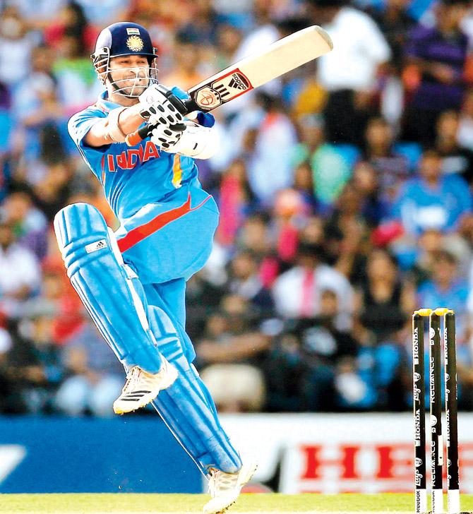 Legendary Indian batsman Sachin Tendulkar in full flight during the 2011 World Cup. Pic/Getty Images