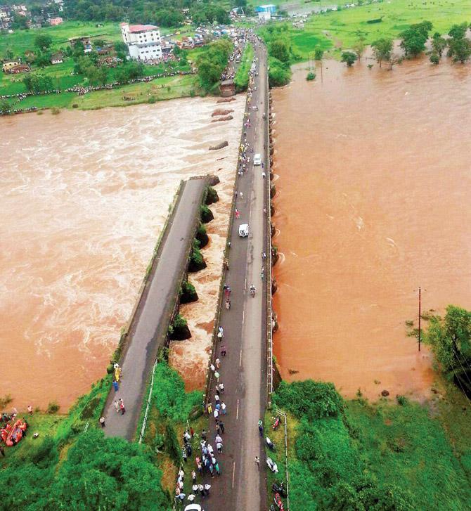 An aerial view of the bridge in Mahad that collapsed