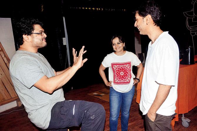 Director Arghya Lahiri with actors Devika Shahani and Jaimini Pathak at a rehearsal of QTP’s Wildtrack