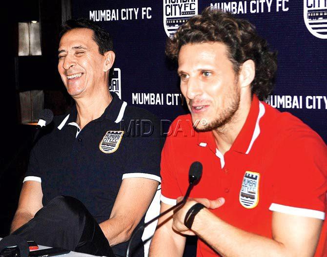 Mumbai City FC coach Alexandre Guimaraes (left) and striker Diego Forlan at a media interaction on Saturday. Pic/Datta Kumbhar
