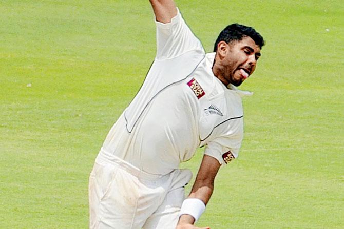 NZ’s Jeetan Patel during the second Test against India at Hyderabad in 2012. Pic/AFP