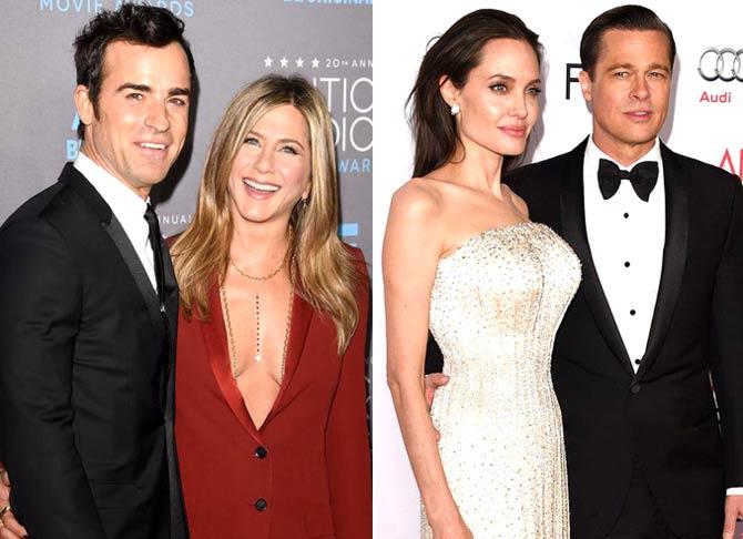 Justin Theroux with wife Jennifer Aniston and Angelina Jolie with ex-husband Brad Pitt