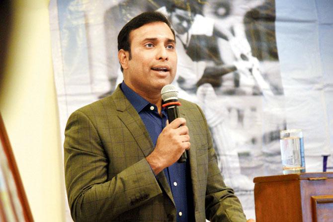 VVS Laxman delivers the eighth Dilip Sardesai Memorial Lecture at the Cricket Club of India yesterday. Pic/Suresh Karkera