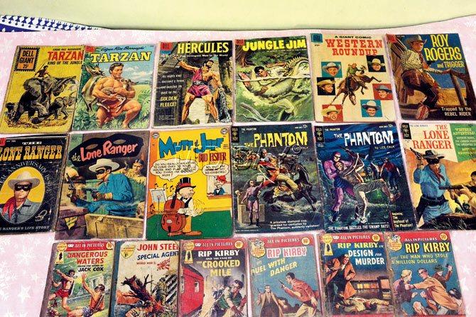 In this classic array, DC and Dell Comics (top row) precede – as they did chronologically too – the Gold Key series (middle row). At extreme left is The Lone Ranger silver anniversary edition which broke away from painted superhero covers to feature actor Clayton Moore who played the role on screen from 1949 to 1957 in the television series and two films from the same producers. All In Pictures: Rip Kirby (bottom row) was a favourite after Rao inherited this collection from his father. Pics/Sayed Sameer Abedi