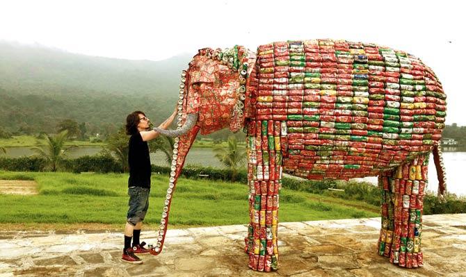 The artist created a mammoth elephant sculpture from cans for agricultural space Indigo Green, on the outskirts of Mumbai