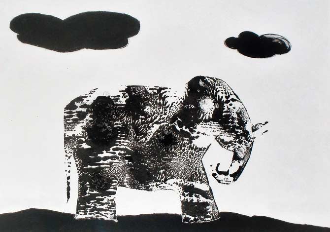 A black-and-white monoprint of an elephant 