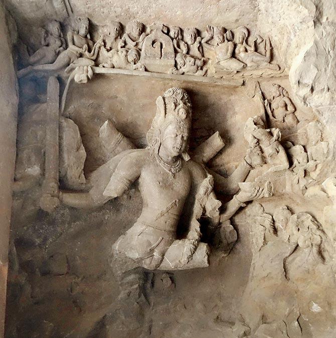 Panel at Elephanta Caves shows Shiva slay demon Andhakasura