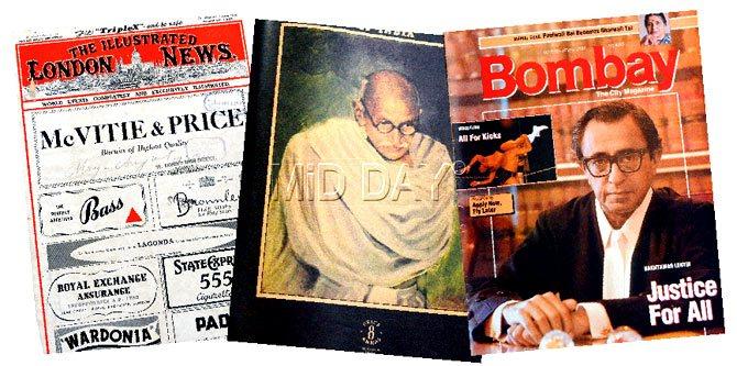 Left: The opening pages of The Illustrated London News in August 1945, printed ads for foreign whisky, cigarettes, biscuits and blades; Centre: The special issue of a national weekly after Gandhiji’s assassination, dated February 8, 1948, sold at 8 annas; Right: Justice Bakhtawar Lentin, one of Rao’s most admired personalities, graced a 1987 cover of the then popular magazine, Bombay