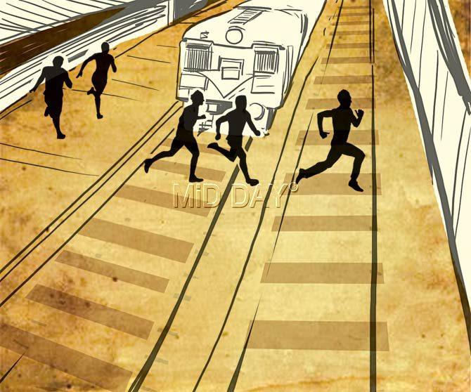 As the thief flees with her chain, she yells for help and four youngsters give chase. The chain-snatcher runs towards the tracks and the youngsters follow behind him, narrowly escaping an approaching train