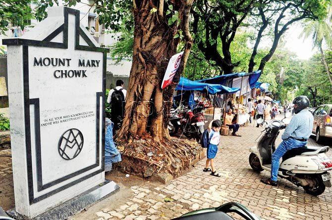 The new marble and granite signage at Mount Mary Chowk installed by the Bandra Collective. Pic/Datta Kumbhar