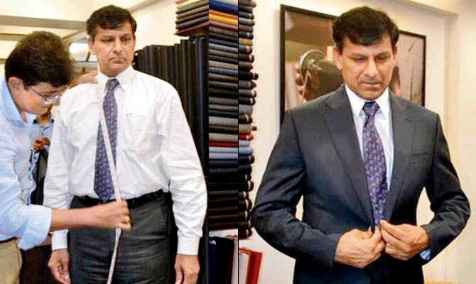 The former governor of RBI being fitted for the suit and (right) wearing it