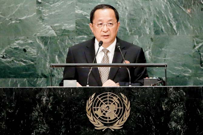 N Korea’s Foreign Minister Ri Yong Ho addresses the 71st UN session on Friday. Pic/AP