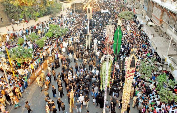 Shia Muslims during a procession on Ashura, the 10th day of Muharram, at JJ Junction in Mumbai. File pic