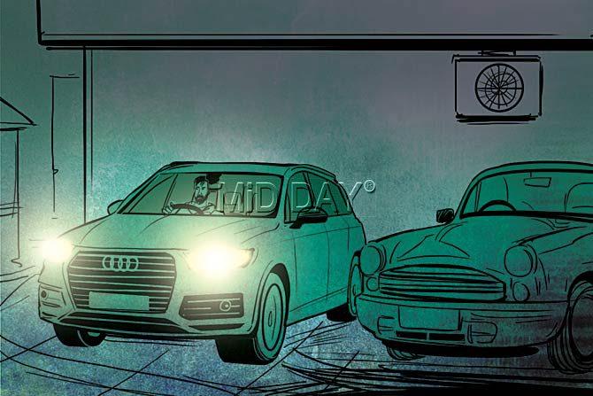 Stuntman Shamsher Mehboob Khan drives off in the stolen Audi. A few hours later, he starts driving towards Navi Mumbai to deliver the car to a dealer. Illustration/Uday Mohite