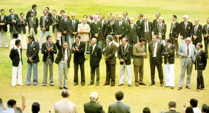 The congregation of India players and captains delighted spectators at Wankhede Stadium prior to the start of the BCCI’s golden jubilee Test match contested between India and England in 1980. Pic Courtesy/Patrick Eagar, Wisden Cricket Monthly