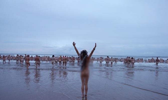 Nudists participated in the annual North East Skinny Dip at sunrise at Druridge Bay, near Ashington, Northumberland, northeast England