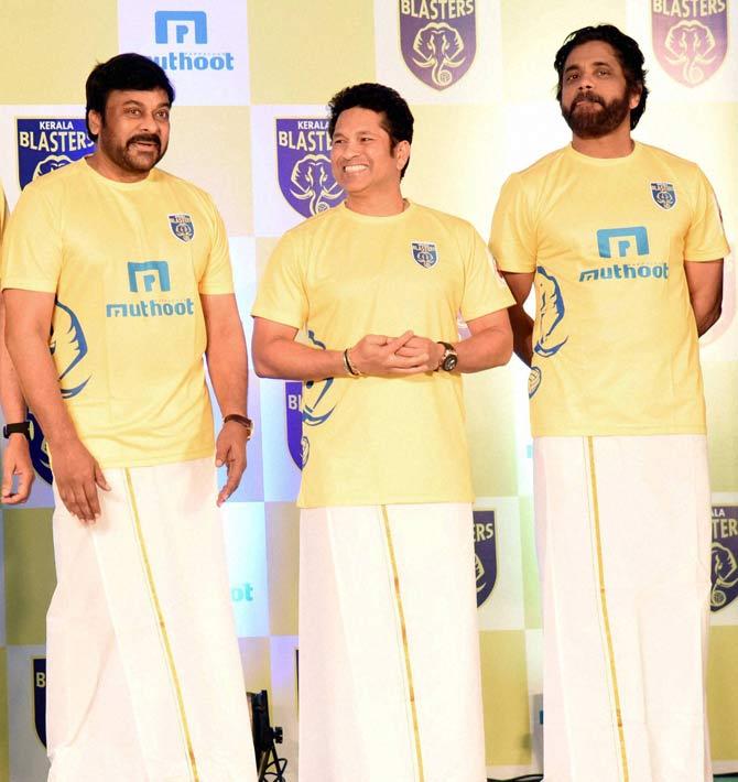 Cricket legend and Kerala Blasters owner Sachin Tendulkar at the unveiling of the Kerala Blasters jersey