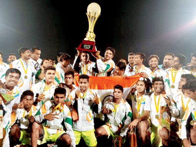 India players pose with the Asian School hockey title yesterday