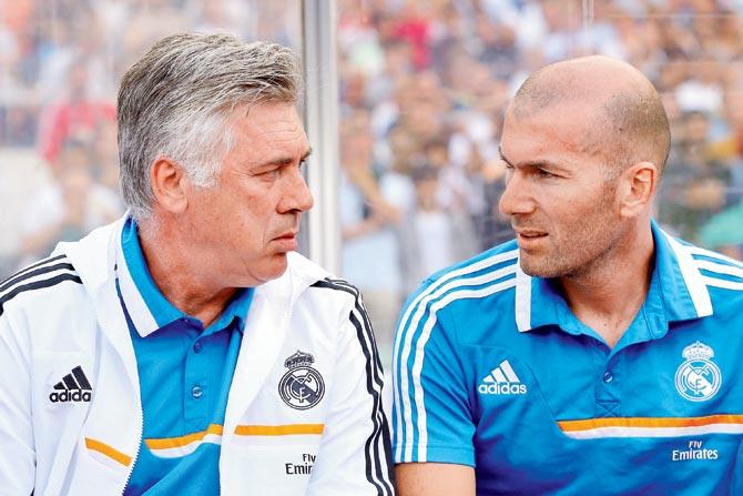 Carlo Ancelotti and Zinedine Zidane during their time at Real Madrid. Pic/Getty Images