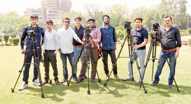 Playmyplay, founded by Harkirat Sandhu (third from left), uses the three-camera set- up, where a camera is placed in the seating area on the right, left and centre of the stage. Pic/Ajay Gautum