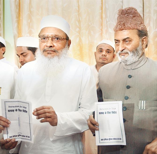 All India Muslim Personal Law Board (AIMPLB) general secretary Maulana Wali Rehmani and Executive Member Zafaryab Jilani at a press conference in Lucknow. Pic/PTI