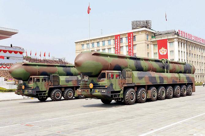 Korean People’s ballistic missiles being displayed during a parade in Pyongyang on Saturday. Pic/AFP