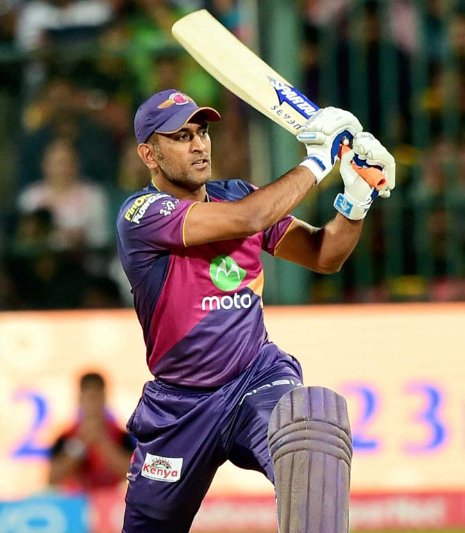Rising Pune Supergiants M S Dhoni plays a shot during the match between Royal Challengers Bangalore. Pic/PTI