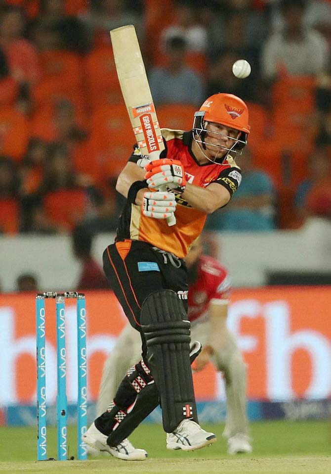 David Warner captain of Sunrisers Hyderabad plays a shot during an IPL 2017 match. Pics/PTI