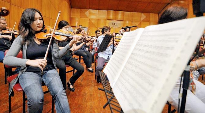 Members of the Symphony Orchestra of India at a rehearsal