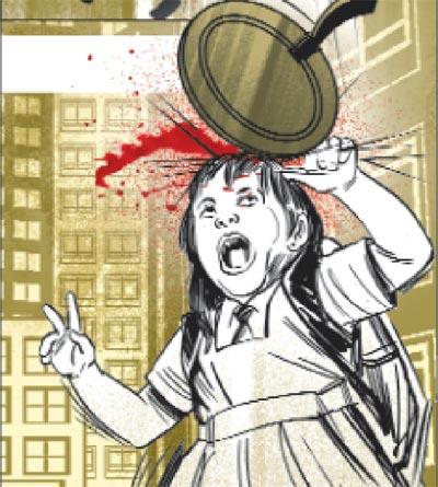 An illustration depicting Haziqa Ansari getting hit on the head by the frying pan