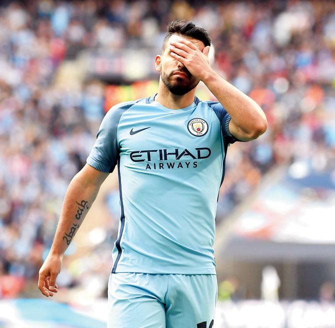 A disappointed Sergio Aguero, who scored the opening goal for Manchester City. Pic/AFP