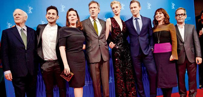 (From L) British writer John Le Carre, actor Amir El-Masry, actress Olivia Colman, British actor Hugh Laurie, French actress Elizabeth Debicki, British actor Tom Hiddleston, Danish director Susanne Bier and actor Tom Hollender of The Night Manager. Pic/AFP