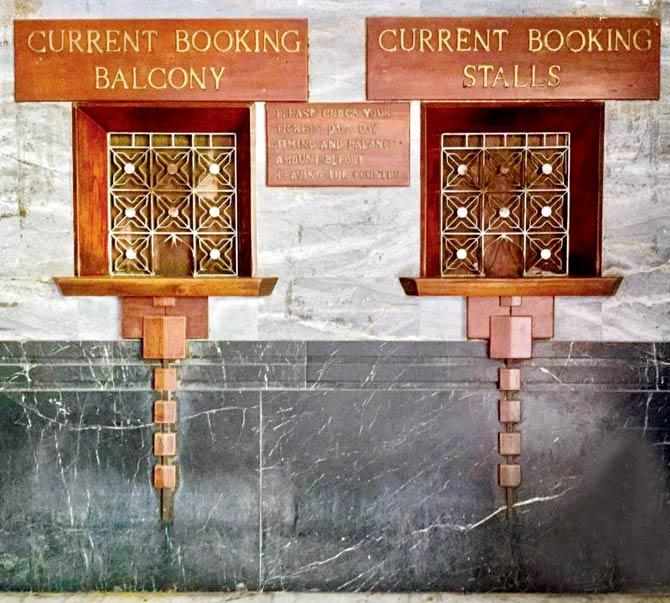 The ticket booking counter at Eros Cinema. The structure, which was built by architect Sohrabji Bhedwar in 1935, is a classic example of ziggurat or  V-shaped stepped-style design