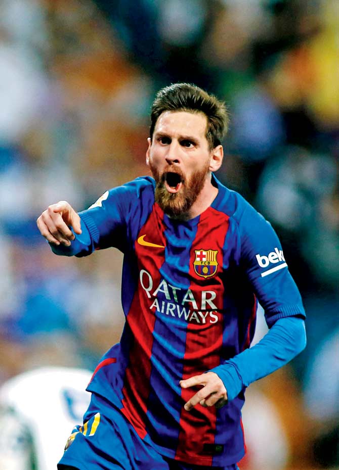 Barcelona’s Lionel Messi is ecstatic after scoring against  Real Madrid on Sunday. Pics/AFP