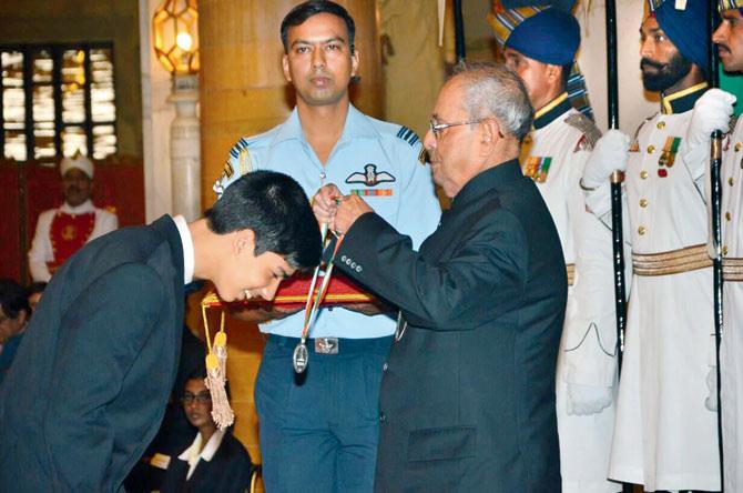 President Pranab Mukherjee awards Milen Manoj Earath