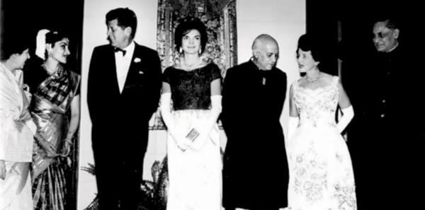 (From l) Shobha Nehru, Indrani Rahman, JFâu00c2u0080u00c2u0088Kennedy, Jackie Kennedy, Pandit Jawaharlal Nehru, Rose Kennedy and BKâu00c2u0080u00c2u0088Nehru