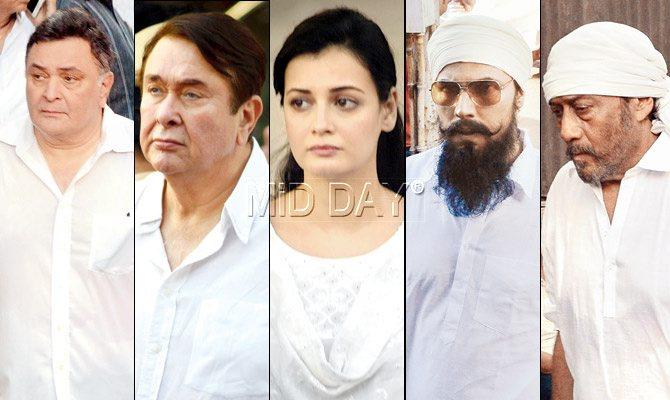 From left: Rishi Kapoor; Randhir Kapoor; Dia Mirza; Randeep Hooda; Jackie Shroff at the funeral in Worli