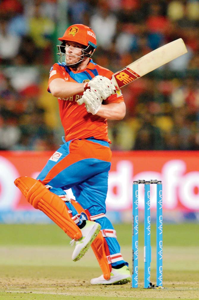 Gujarat Lions’ Aaron Finch during his 72 against Royal Challengers Bangalore at Chinnaswamy Stadium in Bangalore yesterday. Pic/AFP