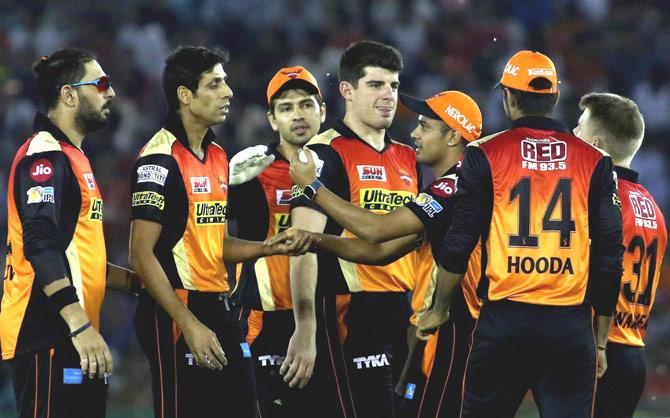 Ashish Nehra of Sunrisers Hyderabad celebrates the wicket of Manan Vohra of Kings XI Punjab during an IPL match in Mohali on Friday. Pic/PTI