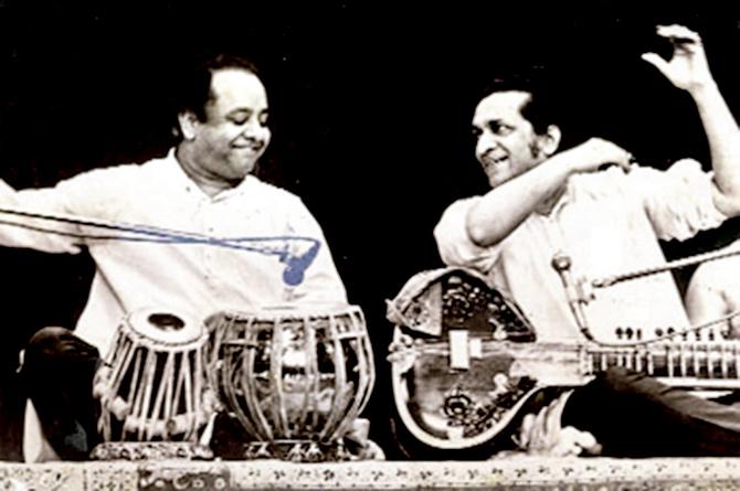 Ustad Alla Rakha with Pandit Raviâu00c2u0080u00c2u0088Shankar at a concert