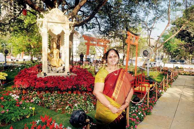 Mulund old-timer Girija Chandramouli in the Buddhist garden at the Royal Revanta flower show. Emperor Ashoka was among the first to step foot in this suburb, then a part of Thana. Pics/Datta Kumbhar