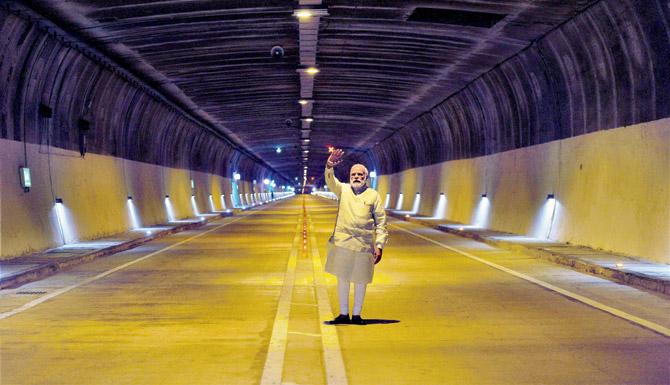 Prime Minister Narendra Modi in the Chenani-Nashri tunnel, J&K, after its inauguration yesterday. Pic/PTI